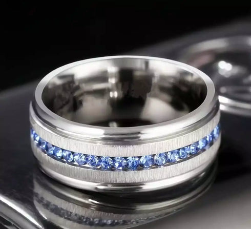 Men's 8mm Brushed Titanium Steel Blue Sapphire CZ Comfort-Fit Wedding Band